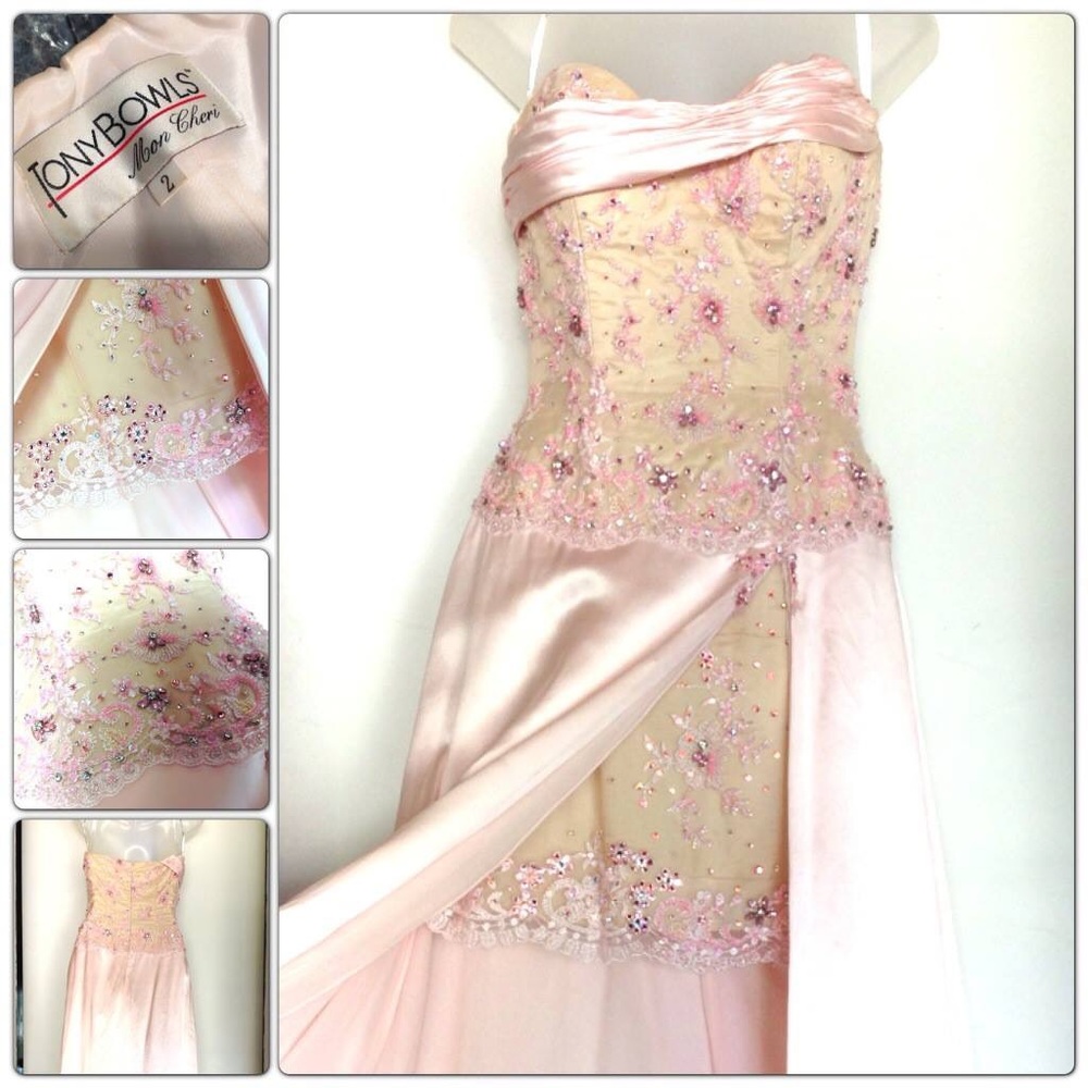 Tony bowls cocktail dress with full length train